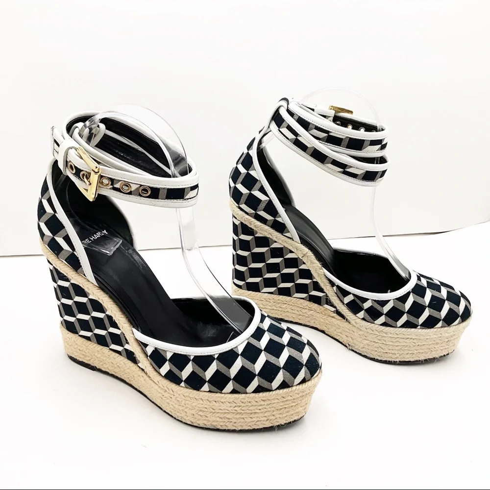 {Pierre Hardy} Canvas & Leather Cubed Print Espadrille Wedges - Picture 16 of 16